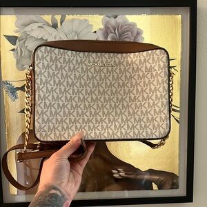 Michael Kors Brown and Cream Crossbody Camera Bag with Gold Chain